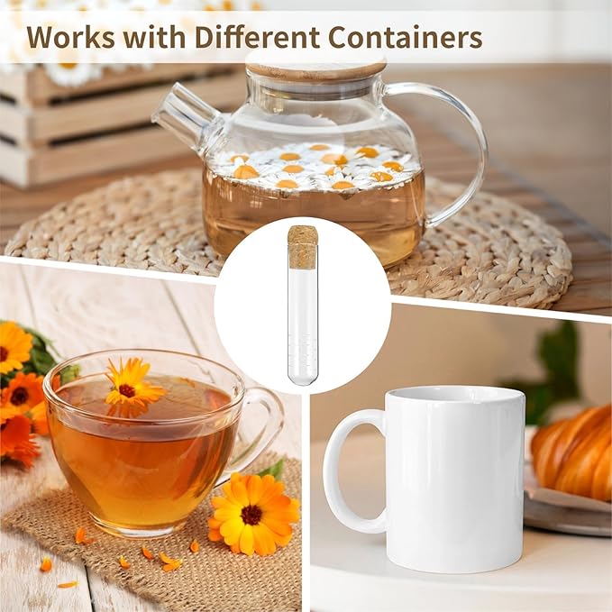 6 Pcs Glass Tea Infusers for Loose Tea, Transparent Glass Loose Leaf Tea Steeper,Reusable Loose Long Leaf Tea Infuser, Tea Organizer Set, Stylish Cork Lid Design with Measuring Marks