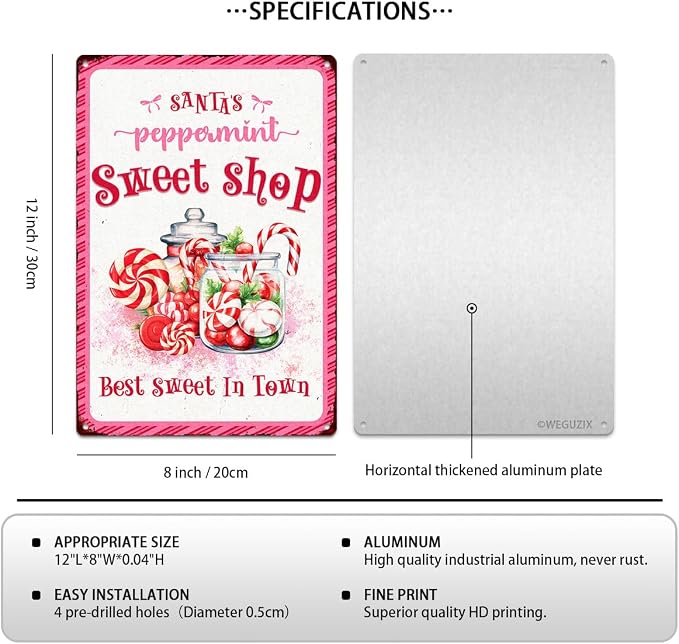 Santa's Peppermint Sweet Shop Christmas Metal Sign Pink Red Christmas Vintage Print Art Poster 12" x 8" Aluminium Hanging Plaque for Home Kitchen Patio Yard Cafe Coffee Bar Wall Decor - Image 2