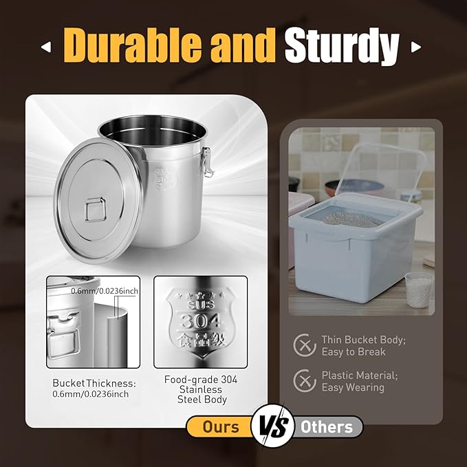 8.7Gal 304 Stainless Steel Airtight Canister for Kitchen, 28-60Lbs Rice Cereal Grain Canisters Container, Metal Kitchen Rice Oil Storage Bucket for Household Food w/Handles+Lid (Silver-33L)
