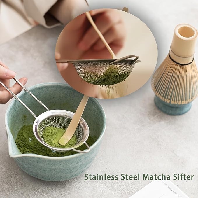 Matcha Kit Set, Matcha Whisk Set Includes Matcha Bowl And Holder, Bamboo Matcha Whisk, Scoop and Matcha Sifter, 17 oz Mottled Blue Glaze Ceramic Matcha Kit for Tea Lovers