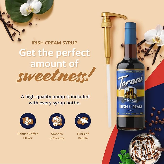 Torani Sugar Free Coffee Syrup, Irish Cream Syrup for Drinks, Zero Calorie, Glass Bottle with Pump Included, 25.4 Fl Oz