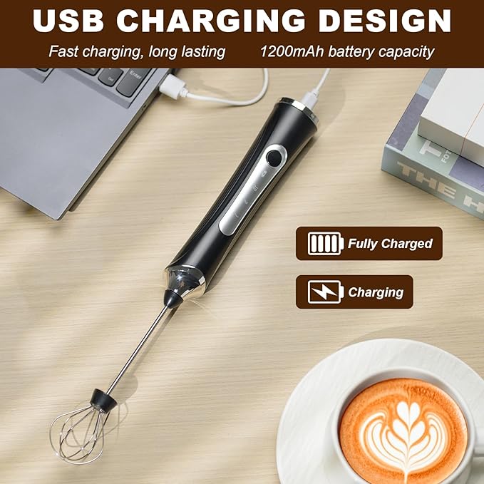 Handheld Electric Milk Frother with 2 Heads, Coffee Whisk Foam Mixer with USB Rechargeable 3 Speeds, Foam Maker Blender for Latte, Cappuccino, Hot Chocolate, Egg (Black with 3Head+Box)