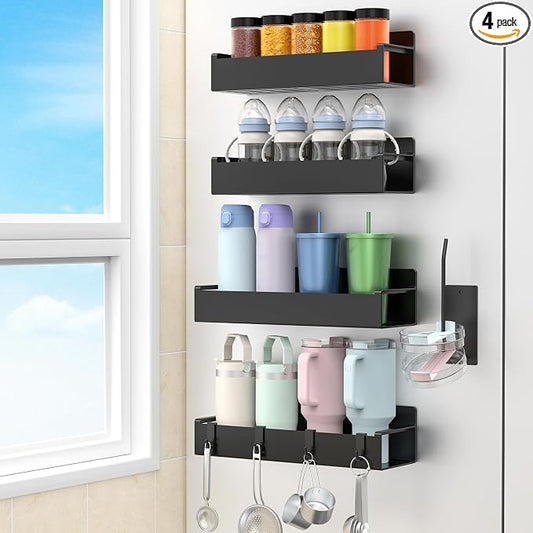HuggieGems Magnetic Water Bottle Holder for Refrigerator, Cup Holder Organizer for Stanley and Tumbler for Kitchen, 4 Pack, Black by HuggieGems