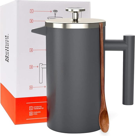 Barista Warrior French Press Coffee Maker Stainless Steel with Built-In Thermometer - Insulated Double Wall Design, Dual Filter System, Stay-Cool Handle & Wood Spoon - Grey