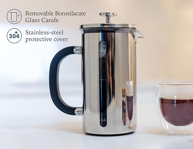 High Borosilicate Glass French Press with 304 Stainless Steel, 1000 ml Capacity - Classic Elegance and Modern Design for Coffee Enthusiasts