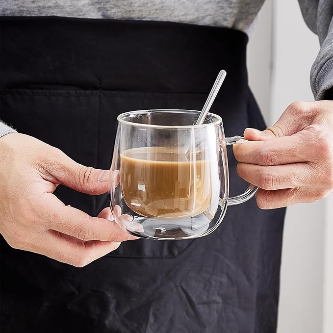 Double Wall Insulated Latte Glasses 10oz with Handle - Set of 2, Clear Glass Mugs for Cappuccino, Espresso, Tea & Hot Drinks