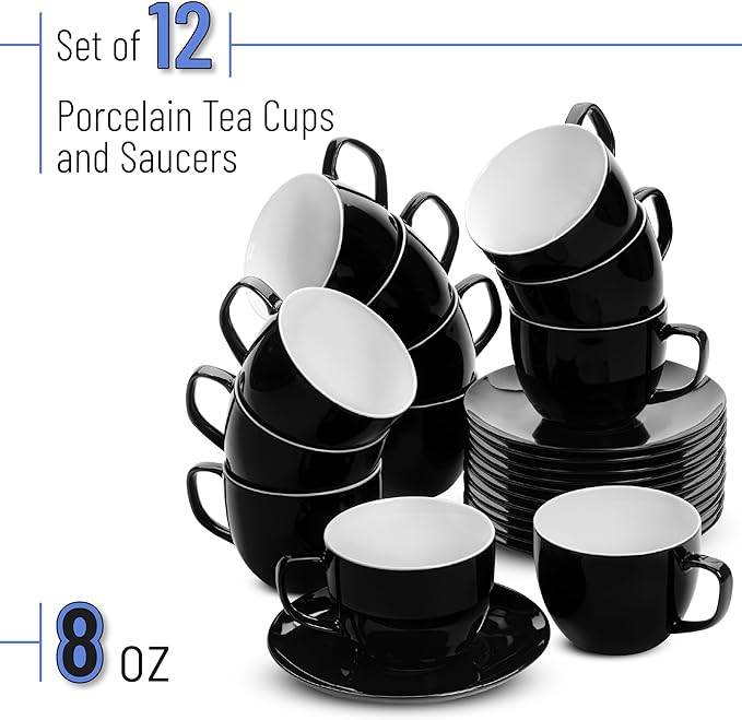 BTaT- Cappuccino Cups with Saucers 8 oz, Set of 12, Black Porcelain Coffee Cup and Saucer Set for Latte, Mocha, Tea, Au Lait, Flat White, Dishwasher, Microwave, Freezer and Oven Safe