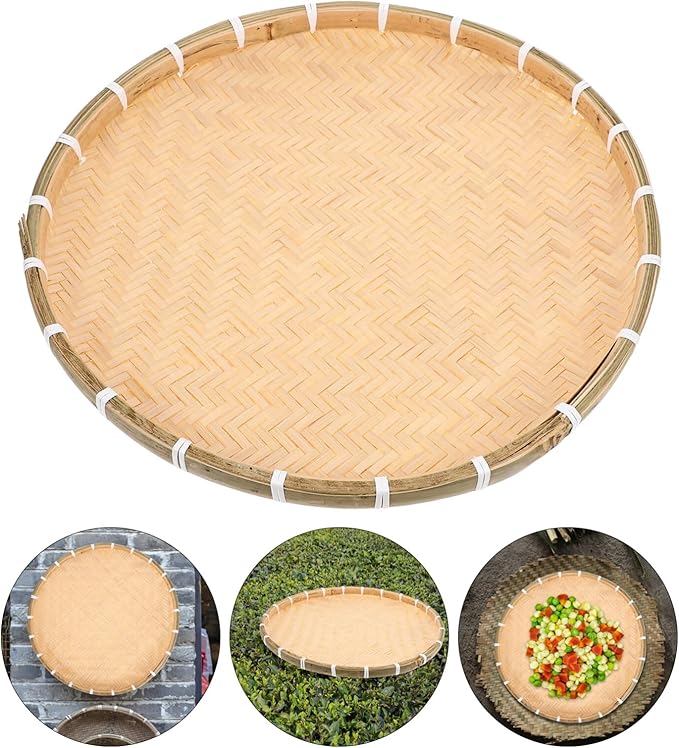 Bamboo Round Woven Tray 16.53X16.53X1.18In Handmade Basket Food Container for Drying Herbs Grains Vegetables Home Kitchen Serving