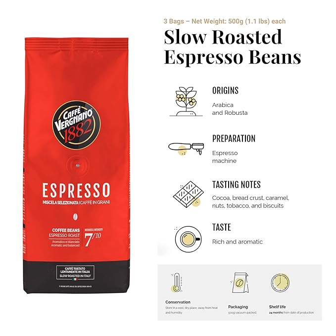 Caffe Vergnano 1882 Espresso Whole Bean Arabica Roast Coffee - Italian Medium Roast Coffee Beans with Notes of Chocolate, Nuts & Caramel, Intensity 7/10, 3.3 lbs