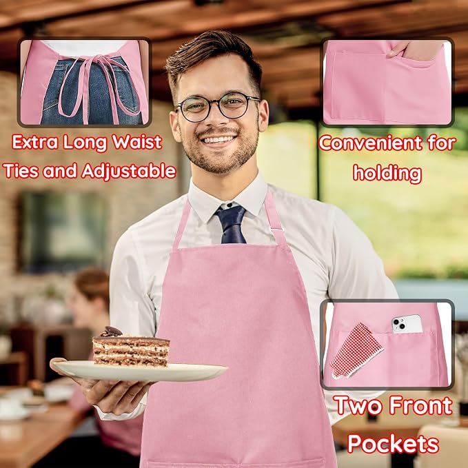 4 Packs Chef Apron with 2 Pockets, Waterproof Adjustable Apron for Men Women Perfect for Kitchen Cooking Baking Gardening Restaurant BBQ Coffee House, Professional Apron (Pink) - Image 5