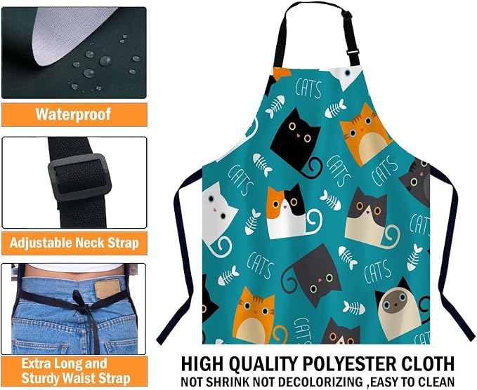 Cute Cats with Fish Bone Kitchen Apron for Women Men, Adjustable Apron Chef Bakers Apron Cooking Apron Cooking Baking Gardening - Image 3