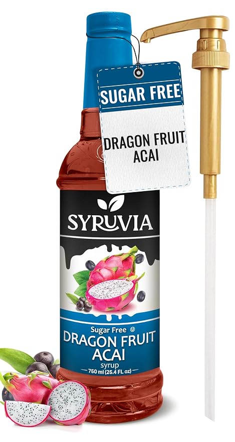 Syruvia Sugar-Free Dragon Fruit Acai Syrup, Flavored Syrup for Drinks, Cocktails, Lemonades, Iced Teas, and Desserts – 25.4 fl oz, With Pump by SYRUVIA