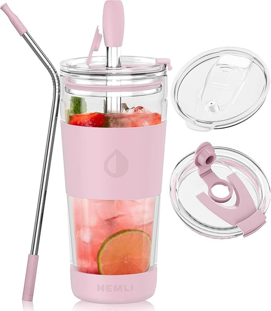 19 oz. Double Wall Glass Coffee Tumbler, To Go Travel Mug with Lid, Portable Glass Thermos with Straw, Reusable Cup, Tea, Smoothies, Ice Coffee, and Boba