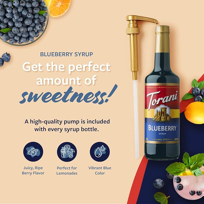 Torani Blueberry Syrup for Drinks, Flavoring for Iced Tea, Lemonade, Sodas, and Cocktails, Glass Bottle with Pump Included, 25.4 Fl Oz - Image 3