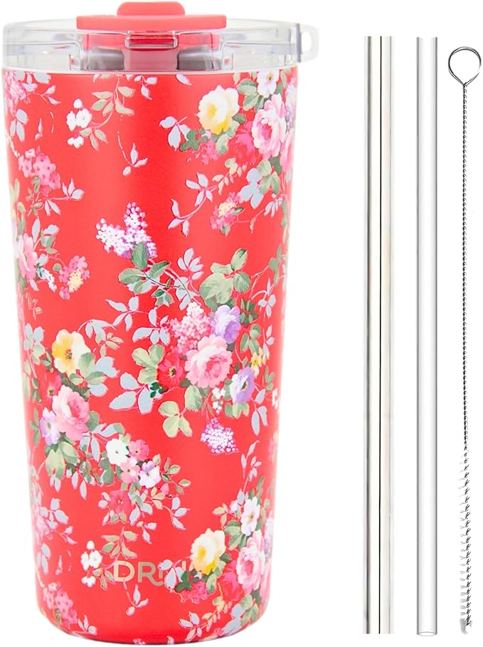 Drinco - 20 oz Stainless Steel Tumbler | Double Walled Vacuum Insulated Mug With Lid, 2 Straws, For Hot & Cold Drinks (20oz Peony Floral)