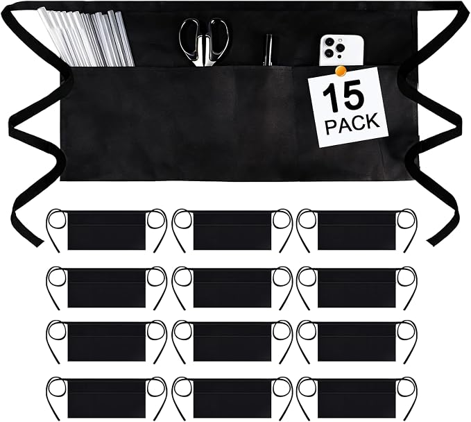 mwellewm 15 Packs Server Apron with 3 Pockets, Black Serving Half Waitress Apron for Women and Men, Widened and Extended Waist Strap Reinforced Seams Water and Stain Resistant for Book Phone by Mwellewm