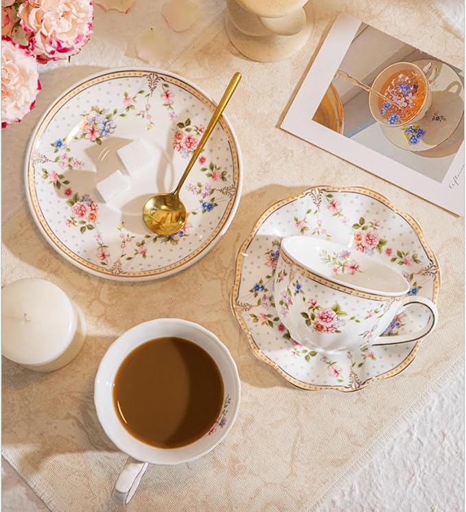 6 oz Vintage flower Ceramic cup and 6" saucer set with Brand customized stainless steel spoon Gifts for Afternoon Tea Coffee Hour(C)