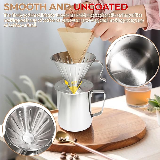Pour Over Coffee Maker 600ml Milk Frothing Pitcher 304 Thickened Stainless Steel Drip Coffeemaker Set with 50pcs V60 Cone Paper Filters Hand Brew Dripper Carafe for Home Camping Travel 20oz
