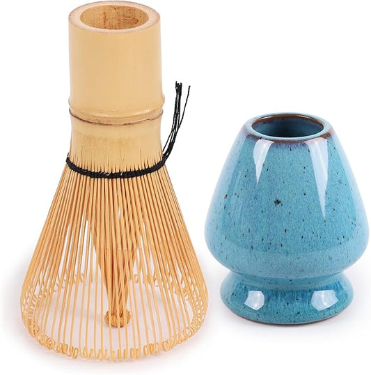 Matcha Tea Bamboo Whisk And Ceramic Rest 2 Piece Set - Verdigris Blue Holder - 1 Set
