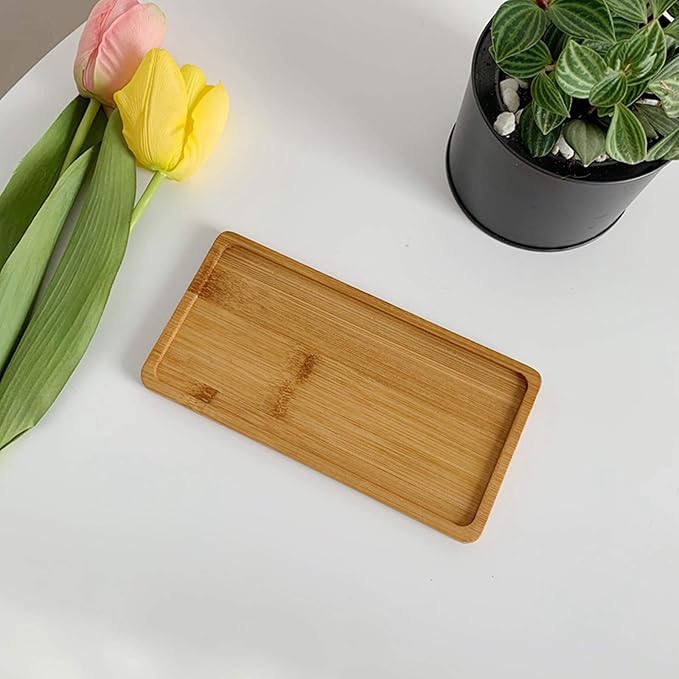 yarlung 10 Pack Small Bamboo Saucers, 7 Inch Plant Saucers Rectangular Flower Pot Drainage Trays for Succulent, Cactus, Small Indoor Plants