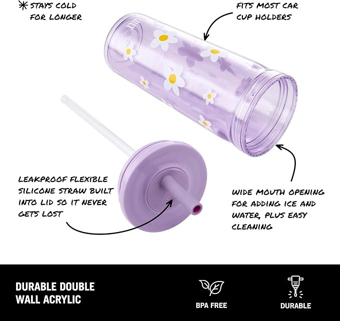 BUILT 20 Fluid Ounce Acrylic Straw Seal Bedford Tumbler, Leakproof, Wild Lavender Daisy