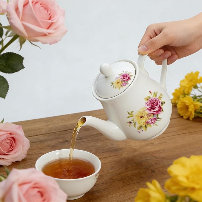 European Style Porcelain Teapot, Coffee Tea Water Pot Vintage Ceramic Kettle (50oz)