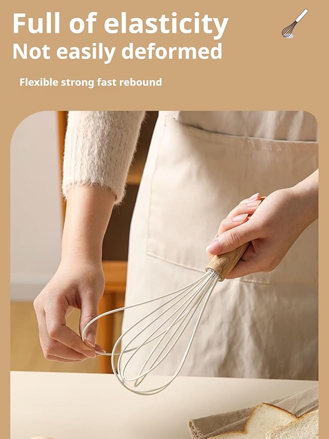 10.5" Stainless Whisk with Wood Handle - Head with Wood Handle - Whisk for Pancake Batter, Eggs and Egg, Cake Mix, Blending, Gravy and Sauces (Whisks)