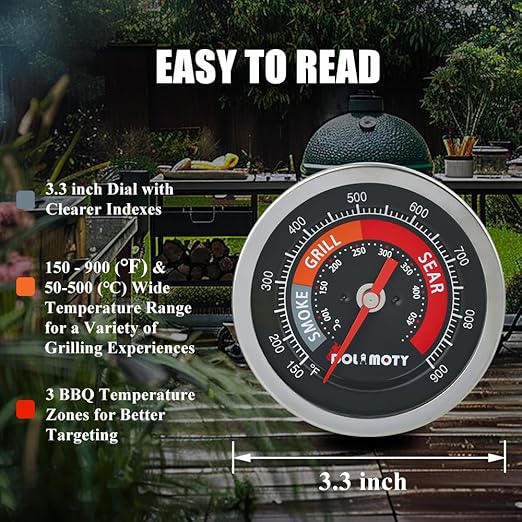 Upgrade Replacement Thermometer for Big Green Egg Grill Parts with 3.3" Large Dial, BGE Temperature Gauge for Big Green Egg Accessories 150-900°F-Waterproof and No-Fog Glass Lens