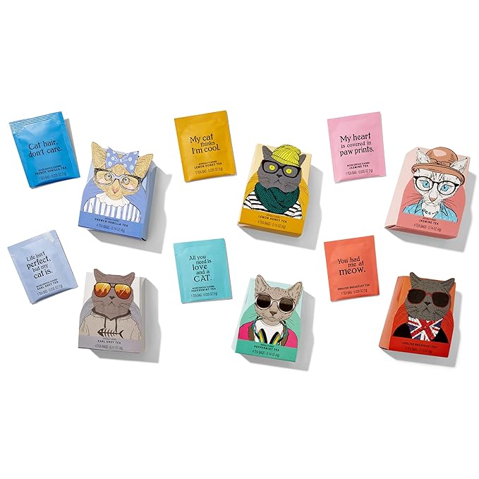 Thoughtfully Gourmet Cat Lover's Tea Gift Set: Includes 24 Teas in 6 Flavors with Stylish Cat Art and Fun Quotes for Cat Moms and Dads, Set of 24