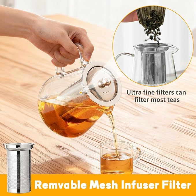 Glass Teapot with Stainless Steel Infuser, Borosilicate Glass Tea Maker, Stovetop Safe (550ML)