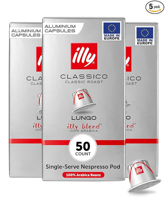 illy Espresso Compatible Capsules, Coffee Pods for Nespresso Original Line Machine, Classico Lungo Medium Roast, 100% Arabica, Premium Italian Coffee, Single Serve, 10 Count, 5 Pack