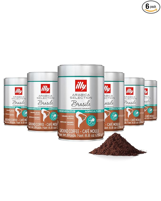 illy Ground Coffee, Brasile Regenerative Agriculture Medium Roast, 100% Arabica, Premium Italian Coffee, Ideal for Espresso, Drip, Moka and French Press Brewing, 8.8oz, 6 Pack