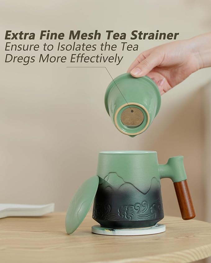 ZENS Tea Mug with Infuser and Lid for Loose Leaf Tea Steeper, 15.2oz Ceramic Tea Cup with Fine Tea Strainers and Absorb Coaster, Wood Handle Large Diffusers Mugs Tea Lovers Gifts