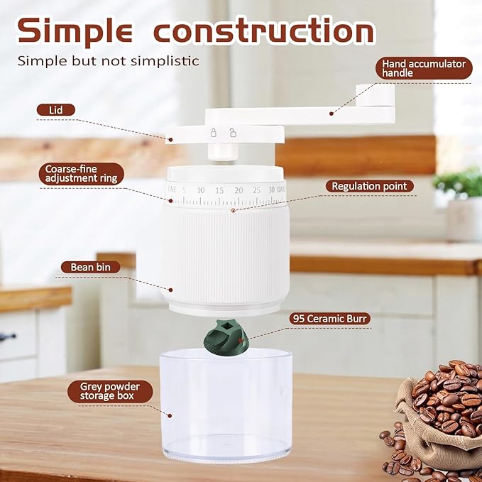 Manual Coffee Grinder - 95 Ceramic Burr, Adjustable Coarse to Fine, 30g Beans & 80ml Powder, Detachable Handle for Espresso, French Press, Camping