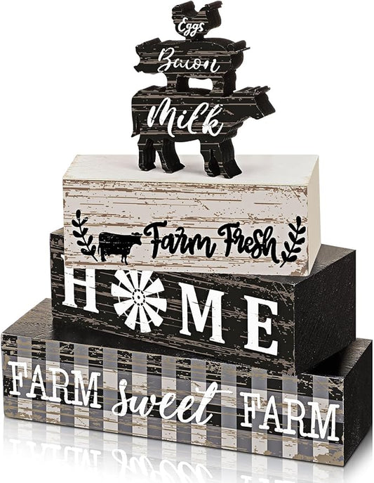 Geelin 4 Pcs Farmhouse Kitchen Signs Cow Rooster and Pig Decors Rustic Wooden Signs Country Table Centerpiece Tiered Tray Decor Table Top Sign for Home Kitchen