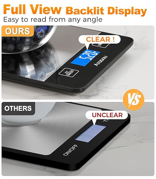 Atogou Food Scale - 33lb Digital Kitchen Scale Ounces Grams, Rechargeable & Full-View Display, Water-Resistant, Batteries or USB-C Charging, Stainless Steel, for Cooking, Meal Prep, Package (Black)