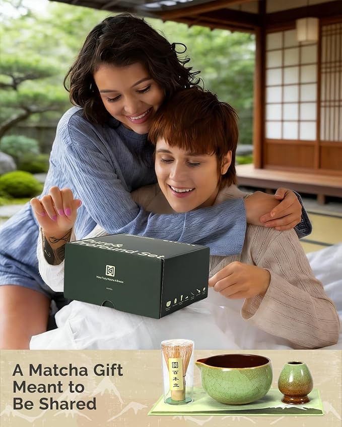 Maestri House Matcha Whisk Set, 7-Pc Complete Matcha Kit with Spouted Ceramic Bowl, Bamboo Whisk and Holder, Scoop, Spoon Rest & Sifter, Tea Cloth – Ideal Gift for Matcha Lovers (Verdant Abyss)