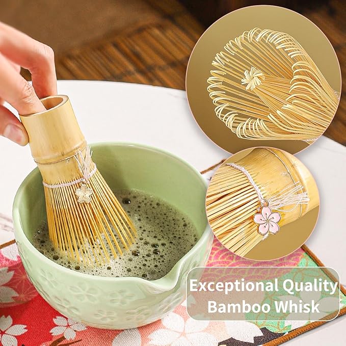 8-Piece Matcha Ceremony Set - Tea Kit with Cherry Blossom Bowl, Bamboo Whisk, Wood Scoops, Tea Cloth & Floral Display - Gift-Ready Pink Cherry color box (green)