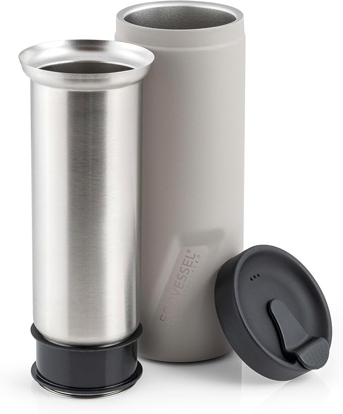 EcoVessel Travel French Press, Portable Coffee Maker, Stainless Steel Insulated Coffee Press, Reusable Single Serve Bottle for On-The-Go Use, 14oz (Stone)