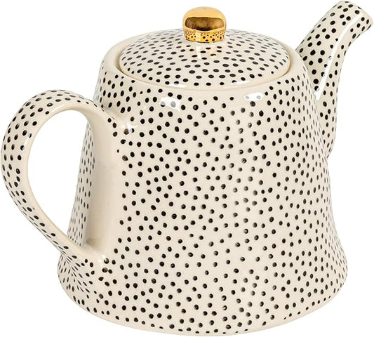 White Stoneware Teapot with Black Speckles & Gold Electroplating