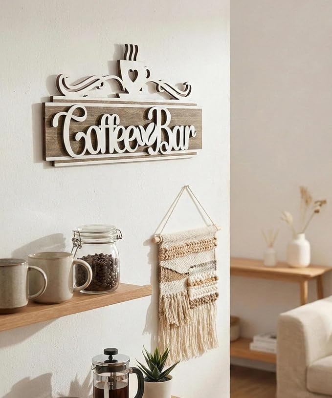 Putuo Decor Vintage Coffee Bar Sign, Farmhouse Coffee Accessories for Cafe Station Wall Decor, Long Double-Layer Cafe Sign for Home Kitchen Countertop Decoration, 12×5.5in