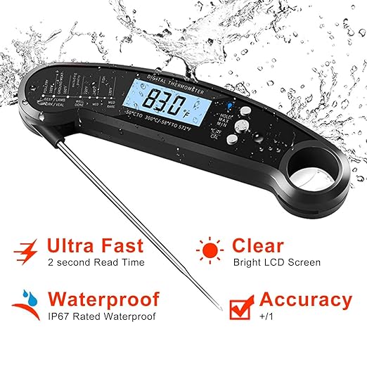 Digital Instant Read Food Thermometer with Backlight, LCD Display, Calibration Function, Built-in Bottle Opener for Grilling, BBQ, Turkey, Candy, Liquid Temperature Measurement, Black