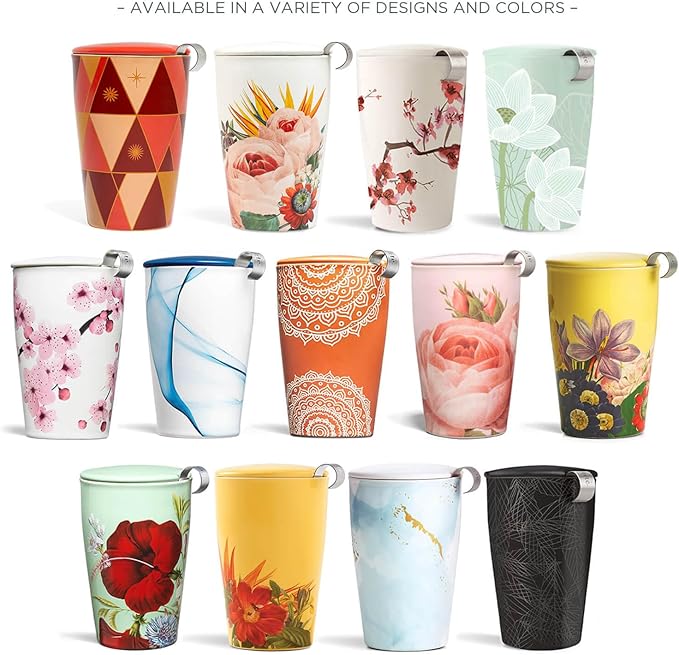Tea Forte Double-Walled Ceramic Kati Cup, Removable Stainless Steel Infuser Basket and Lid, Steeps 12 oz Loose Leaf Tea, Dishwasher & Microwave Safe, Chakra