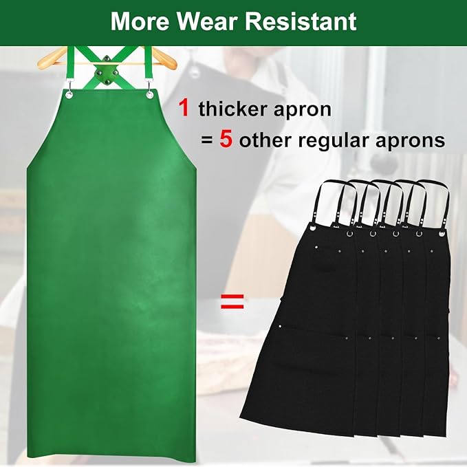 SHEOMERN Waterproof Rubber Apron, 43" Anti-Tear Heavy Duty Vinyl Adjustable Thicker Cross Back Dishwasher Apron for Restaurant Dishwashing, Butcher, Lab Work, Dog Grooming Green