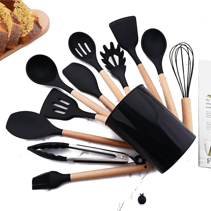 Silicone Black Kitchen Utensil Set with Holder, 12 Pcs Spatula Set for Cooking, Heat Resistant Kitchen Tools Spoon Turner Whisk for Cookware.