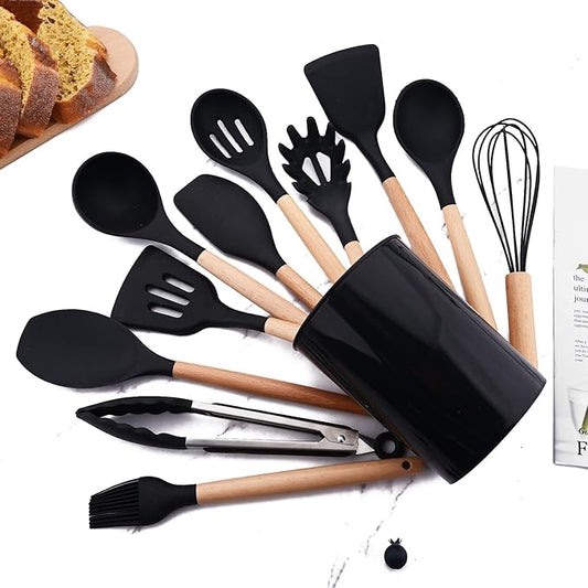 Silicone Black Kitchen Utensil Set with Holder, 12 Pcs Spatula Set for Cooking, Heat Resistant Kitchen Tools Spoon Turner Whisk for Cookware.