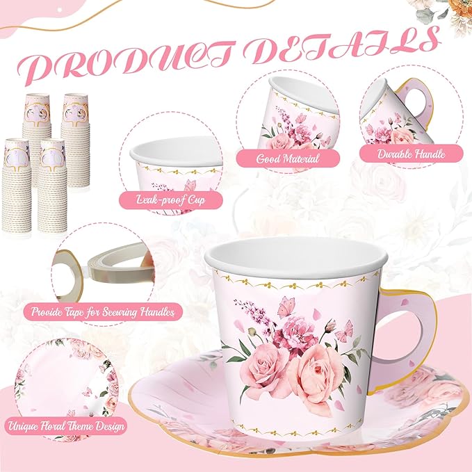 Umigy 60 Sets Tea Party Decorations 6.5 oz Floral Paper Tea Cups with Plates Paper Napkins Disposable Blossom Teacups and Saucers Sets for Girls Kid Birthday Garden Wedding Party Supplies(Graceful)