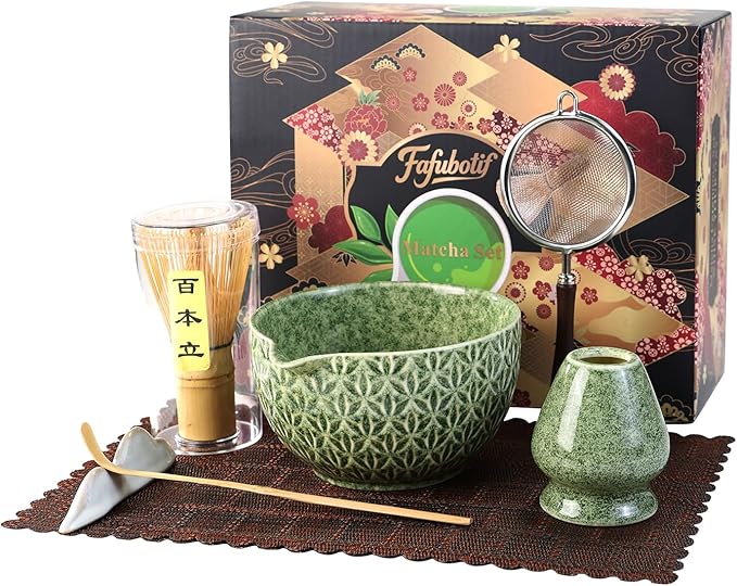 7 Pcs Matcha Whisk Set, Ceremony Matcha Kit with Matcha Bowl, Bamboo Whisk and Holder, Scoop and Scoop Rest, Sifter and Tea Towel, Gift for Matcha Lovers (Mottled Green/Bamboo Leaf-Patterned)