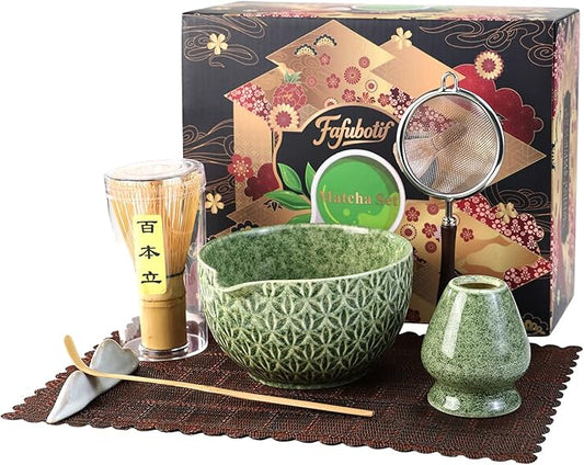 7 Pcs Matcha Whisk Set, Ceremony Matcha Kit with Matcha Bowl, Bamboo Whisk and Holder, Scoop and Scoop Rest, Sifter and Tea Towel, Gift for Matcha Lovers (Mottled Green/Bamboo Leaf-Patterned)