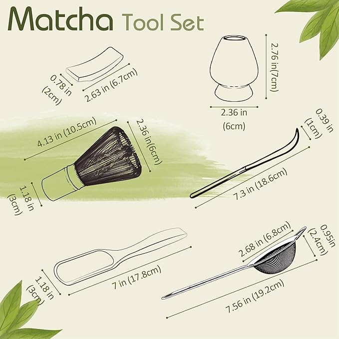 6 Pcs Matcha Whisk Set, Japanese Ceremonial Matcha Making Tools Kit for Bamboo Whisk, Matcha Scoop, Tea Spoon, Ceramic Whisk Holder, Spoon Holder, Powder Sifter - Matcha Green